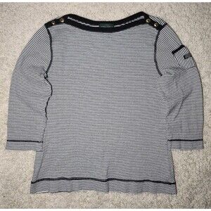 LRL Ralph Lauren Women’s L Lightweight Knit Pullover Shirt Black White Striped